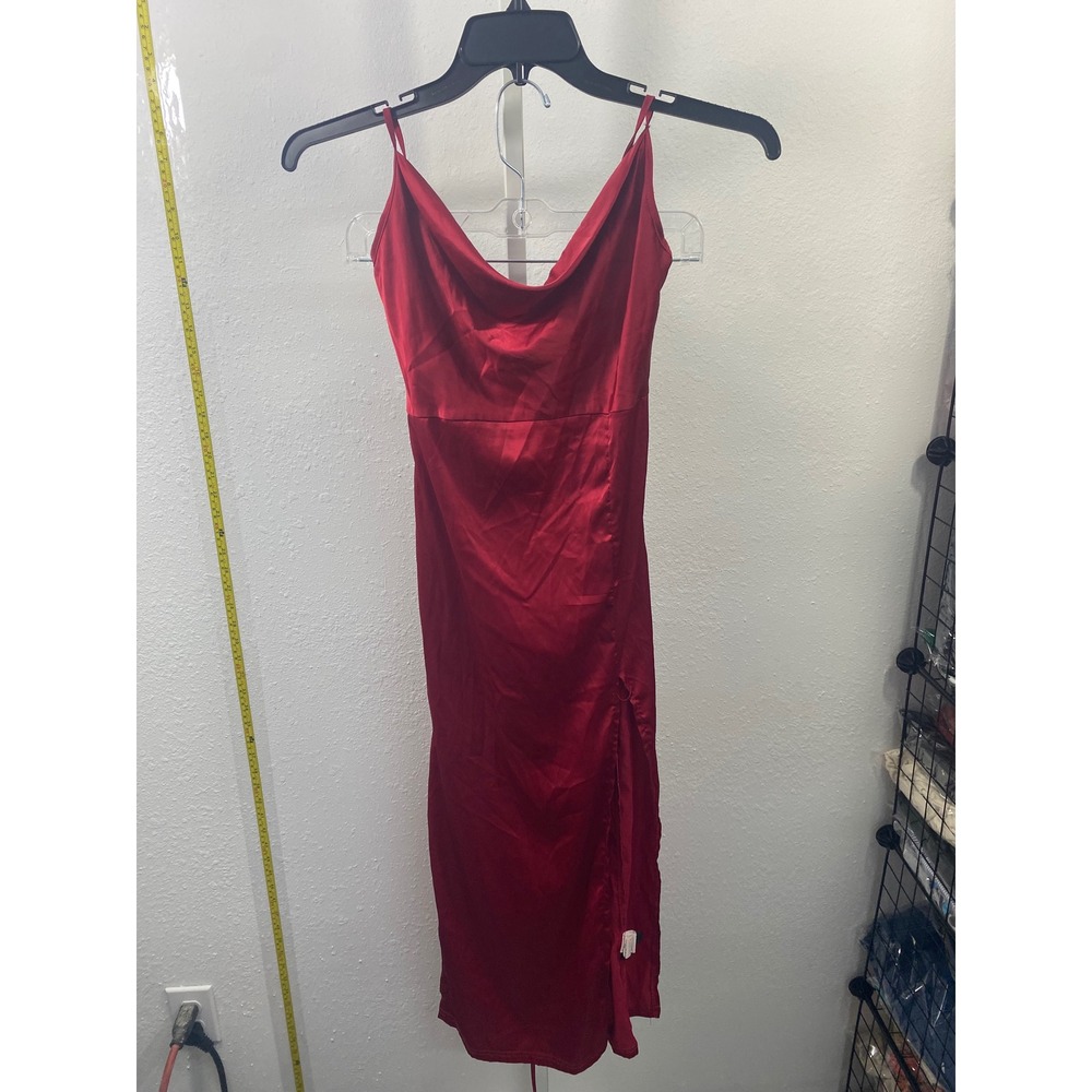 SHEIN SXY Red Satin Cowl Neck Lace Up Back Midi Slit Dress Womens Medium